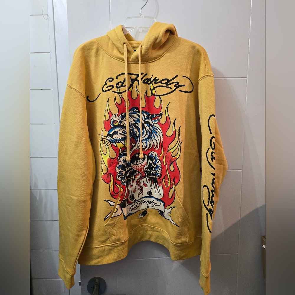 Ed Hardy Fire Tiger Golden Yellow Pullover Hoodie sz XL